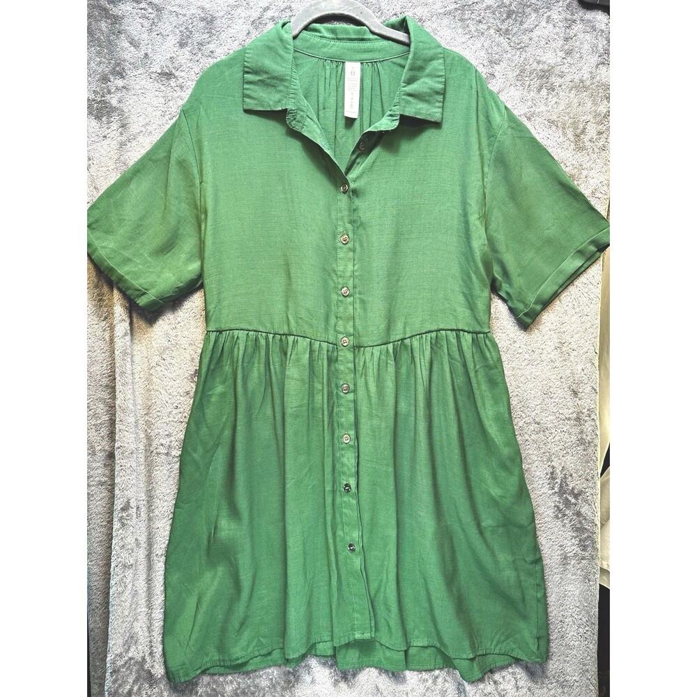 Green Solid Collared Short Sleeve Button Front Tiered Shirt Dress Knee M
